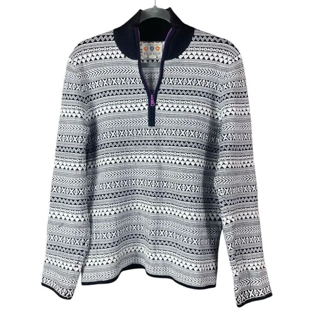 Title Nine Fair Isle Quarter Zip Sweater Black White Nordic Pattern M